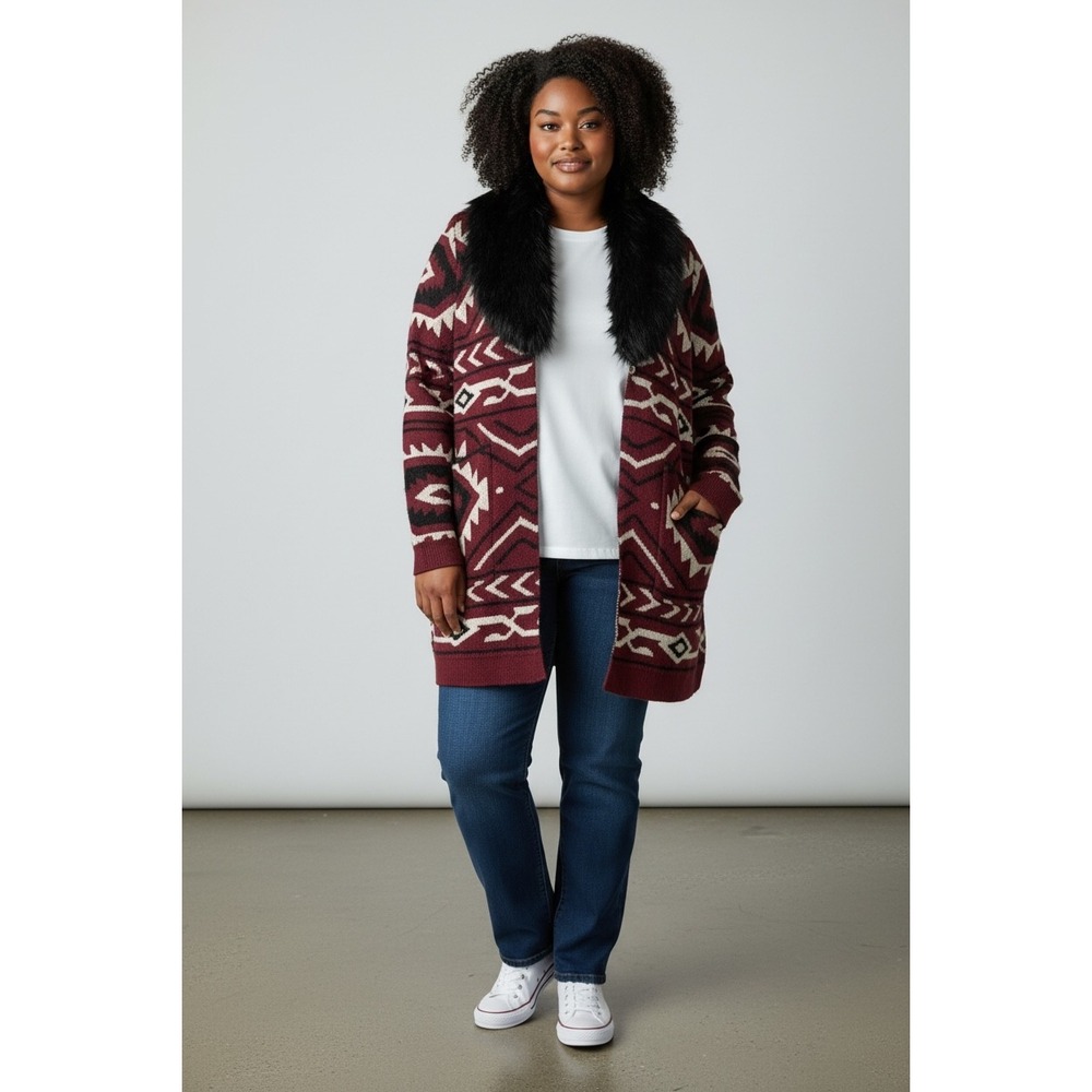 Black Rivet Cardigan Sweater Women XL Burgundy GUC Faux Fur Collar Aztec Knit